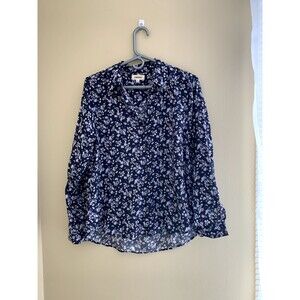 L'agence Medium Blue Floral Long Sleeve V-Neck Button Down Blouse Summer Flowers